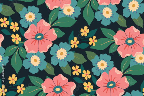 Seamless floral pattern, liberty ditsy print in a pretty folk motif. Cute botanical design of blooming meadow: large & small hand drawn daisy flowers, leaves. Ornate vector flower pattern illustration