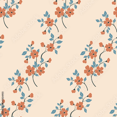 Seamless floral pattern, old fashion folk ornament with flowers branches. Cute botanical design, simple flower print: small hand drawn flowers branches arranged in a diagonal line. Vector pattern.