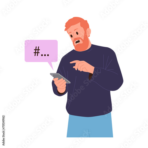 Hipster man cartoon character using smartphone and following hashtag in social media network