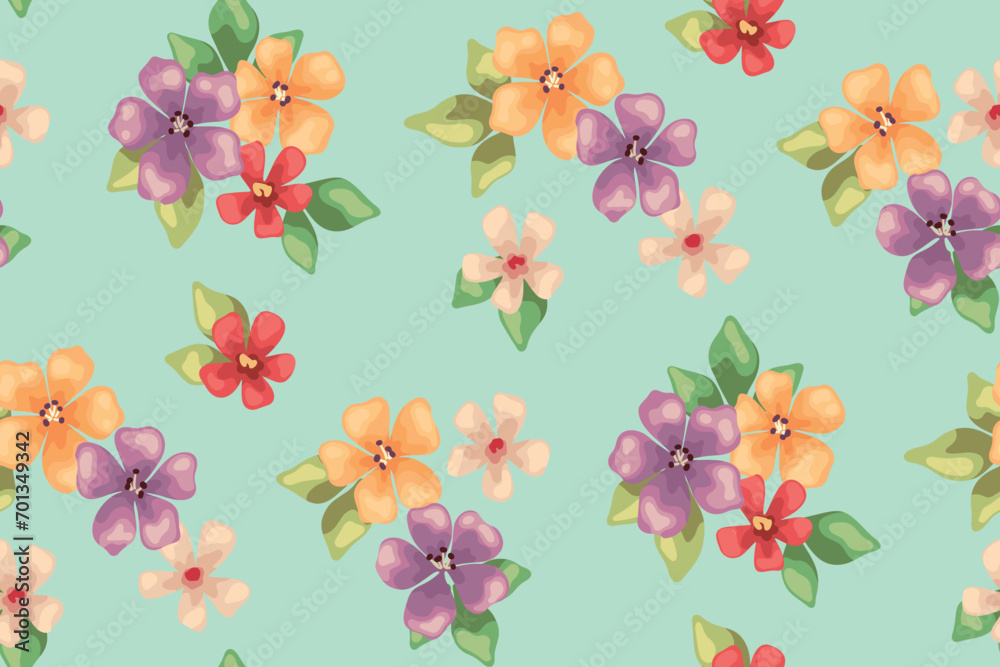 Seamless floral pattern, liberty ditsy print with pretty watercolor summer bouquets. Colorful botanical design: hand drawn small flowers, tiny leaves on a blue background. Vector flower fashion print.