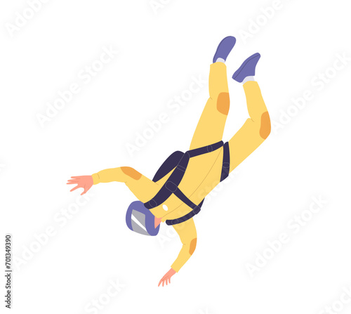 Free fall in air of happy active man isolated cartoon character wearing suit and protective helmet