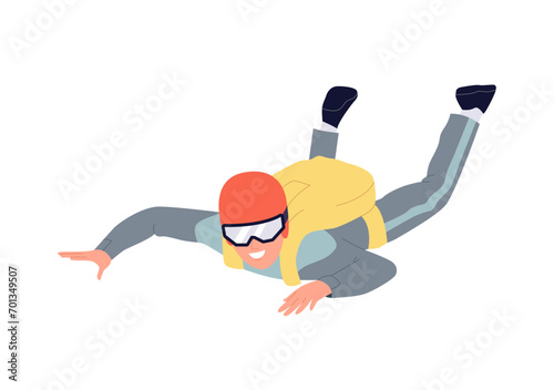 Paratrooper cartoon character flying in sky with closed parachute enjoying free style floating