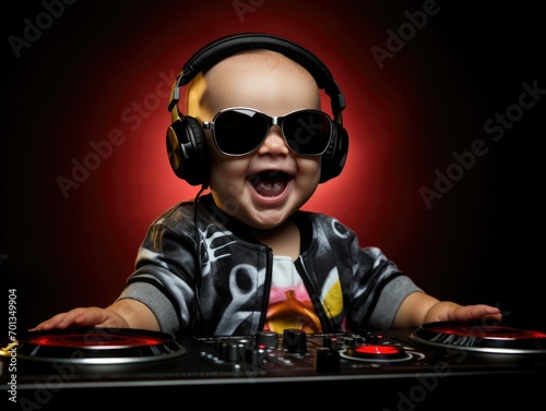 Funny smiling baby as dj