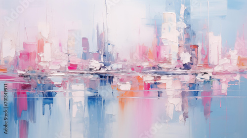 Fototapeta Naklejka Na Ścianę i Meble -  Abstract oil painting of skyline city with reflection on water