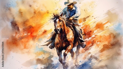 Cowboy taming the wild horse colorful watercolor pain.Generative AI photo