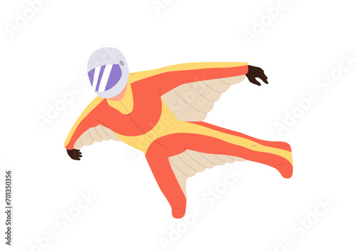 Human person figure cartoon character paragliding in special suit with wings and protective helmet