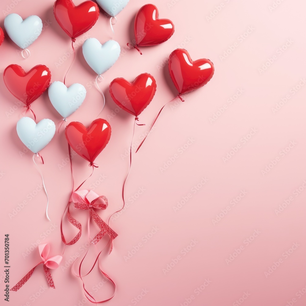 Illustration of flying heart balloons attached to a gift. Blank omitted banner