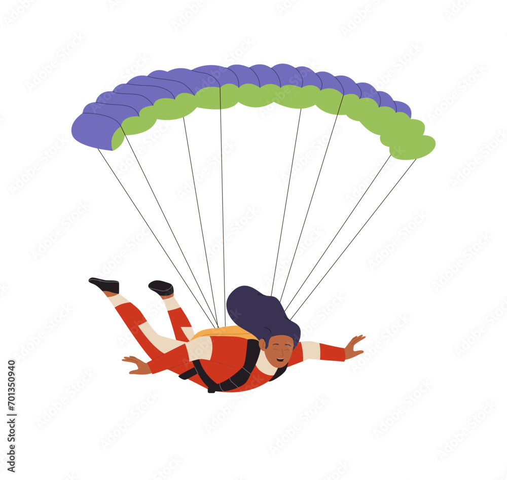 Obraz premium Woman cartoon character skydiving with open parachute in free fall isolated vector illustration