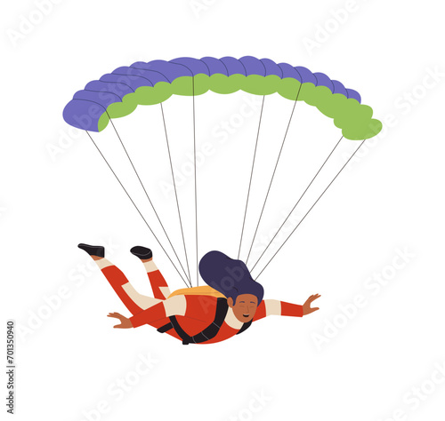 Woman cartoon character skydiving with open parachute in free fall isolated vector illustration