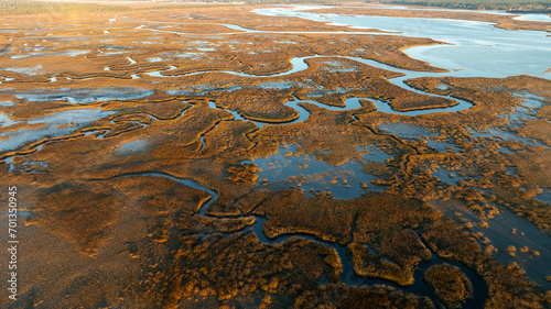 Canvas-taulu Aerial view of a wetland ecosystem with intricate water patterns and marsh vegetation at dusk