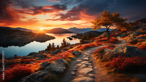 Peaceful sunset illuminates a tranquil lake, rocky path, and solitary tree among vibrant foliage. photo