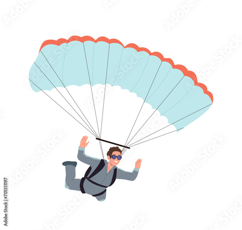 Young sportsman cartoon character enjoying skydiving extreme sports hobby vector illustration
