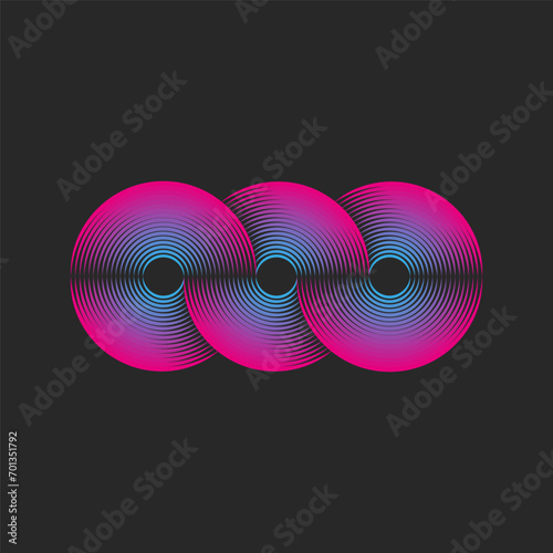 Three circles logo Infinity shape from blue and pink gradient parallel lines minimal style, overlapping looped geometric shape, monogram OOO 3 letters O endless symbol logotype.