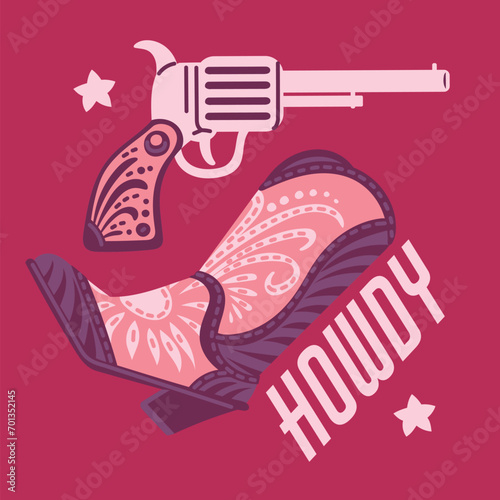 Wild west cowgirl boot with gun, Western retro female footwear and revolver vector poster on pink, vintage accessories