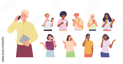 Different people characters using mobile phone for call, online communication and social media
