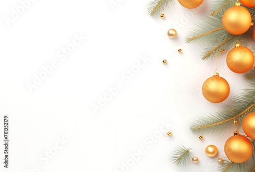 Christmas and New Year background with fir branches and golden balls. Vector illustration.