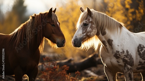 brown and white horses facing each other photo