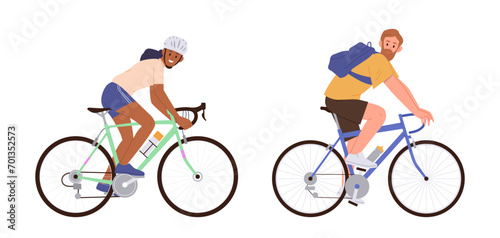 Isolated of sportswoman athlete and man traveler character riding bicycle enjoying weekend activity