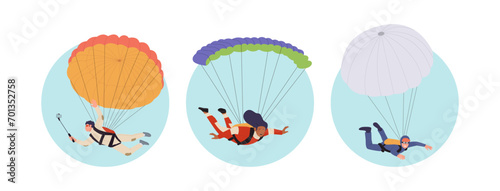Happy people skydivers cartoon character isolated round composition set for parachuting sport club