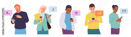 Diverse people cartoon character using smartphone and social media symbols for communication