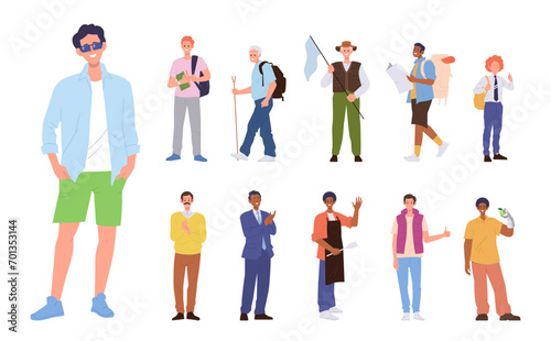 Different happy excited male cartoon characters hobby recreation and job occupation big set