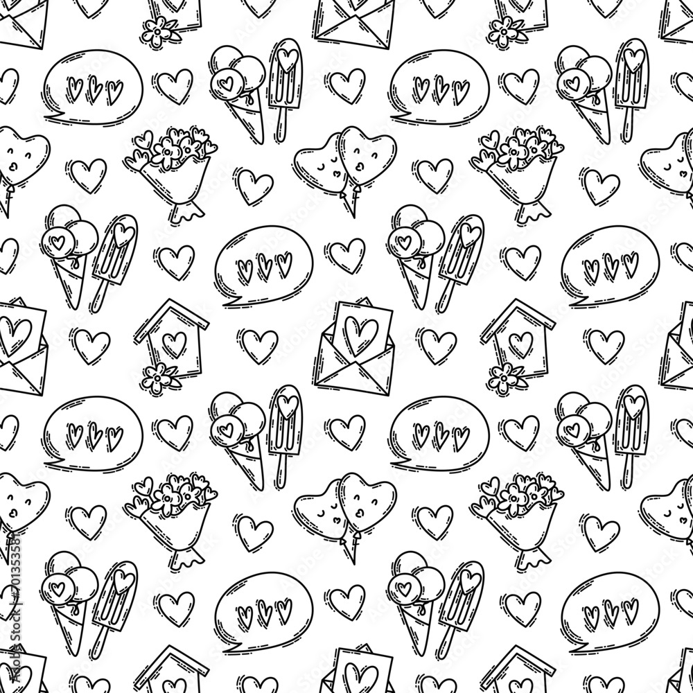 Valentines Day doodle style seamless pattern in black and white, hand-drawn icons with simple engraving retro effect. Romantic love mood, cute symbols and elements backgrounds collection.