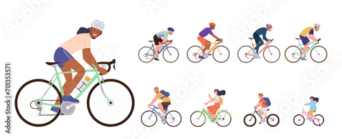 Happy people cartoon characters riding sportive bicycles and recreation bikes set isolated on white