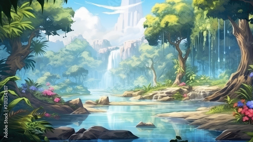 Fantasy tropical forest with beautiful river, waterfall and plants. Cartoon or anime watercolor painting design. Realistic cartoon style artwork scene, wallpaper, story background and card design photo