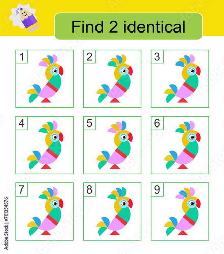 Fun puzzle game. Need to find two identical cartoon parrots. Task for development of attention and logic.