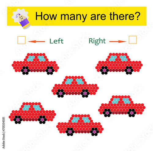Left or Right. Educational game for kids. Count how many cars are turned left and how many are turned right.