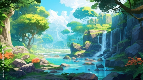 Fantasy tropical forest with beautiful river  waterfall and plants. Cartoon or anime watercolor painting design. Realistic cartoon style artwork scene  wallpaper  story background and card design