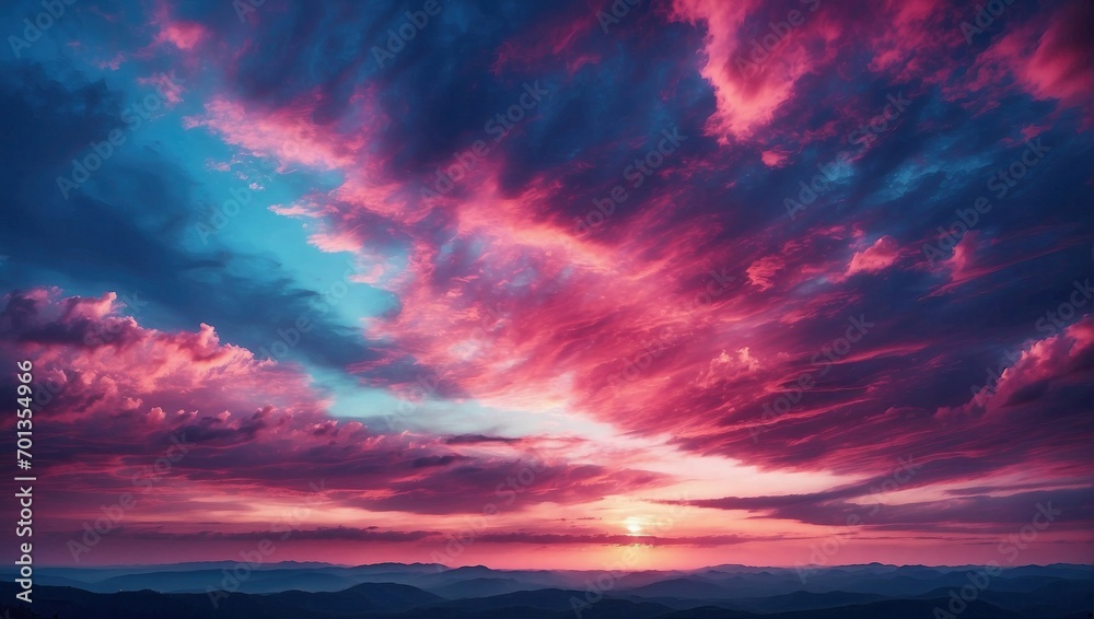 Captivating sunset with a spectrum of blue to pink shades over a hilly landscape.