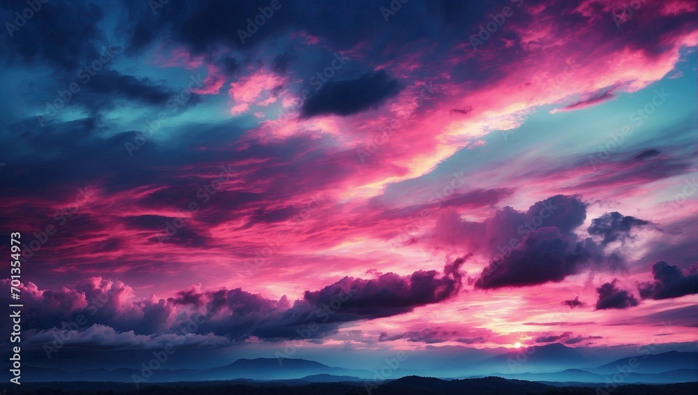 Breathtaking twilight sky with deep blue and pink hues, creating a dramatic backdrop over the mountains.