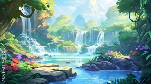 Fantasy tropical forest with beautiful river, waterfall and plants. Cartoon or anime watercolor painting design. Realistic cartoon style artwork scene, wallpaper, story background and card design