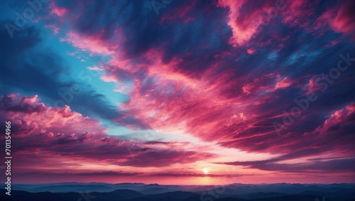 Captivating sunset with a spectrum of blue to pink shades over a hilly landscape.