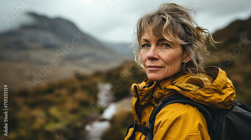  portrait of a senior woman hiker show trump up enjoying the on top mountian background photo