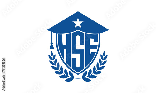 HSE three letter iconic academic logo design vector template. monogram, abstract, school, college, university, graduation cap symbol logo, shield, model, institute, educational, coaching canter, tech