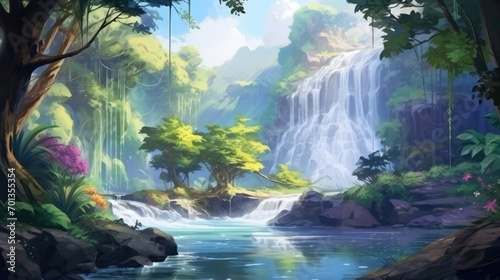 Fantasy tropical forest with beautiful river  waterfall and plants. Cartoon or anime watercolor painting design. Realistic cartoon style artwork scene  wallpaper  story background and card design