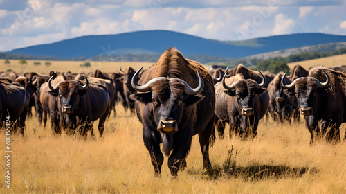 Herde of Büffel in weiter prärie unter der Sonne