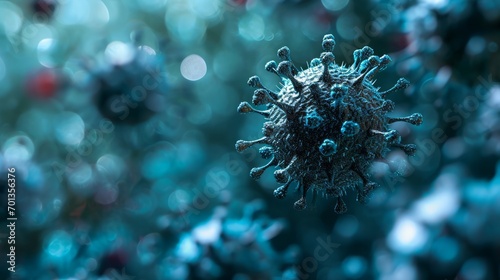 viruses close up microscopic blue illustration. selective focus on one virus cell among many germs. biology, medicine, science, research, healthcare, infection concept background.