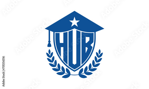 HUB three letter iconic academic logo design vector template. monogram, abstract, school, college, university, graduation cap symbol logo, shield, model, institute, educational, coaching canter, tech