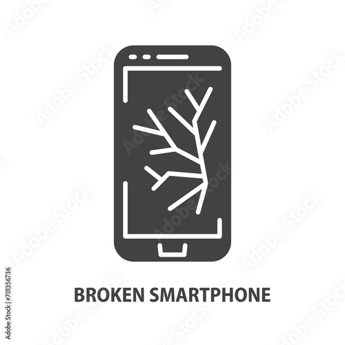 Smartphone glyph icon. Broken display on a device. Crack on mobile telephone. Repair vector concept.
