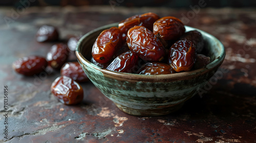Dates fruit in bowl on rustic background. Selective focus