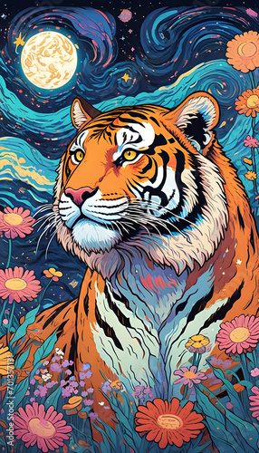 Hand drawn cartoon illustration of a tiger among flowers under the starry sky at night 
