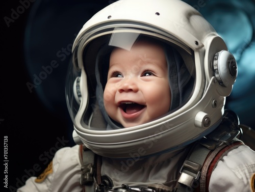 Funny smiling baby as astronaut
