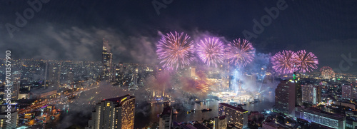 Countdown fireworks for the 2024 New Year festival In the middle of the Chao Phraya River in front of ICONSIAM  Bangkok