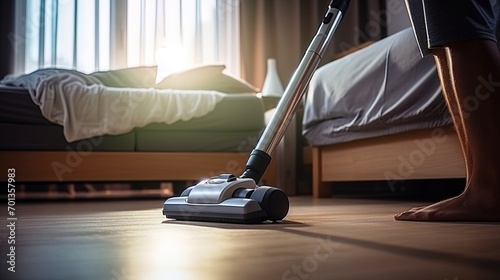 A man with a vacuum cleaner, removing dust from the carpet in the bedroom