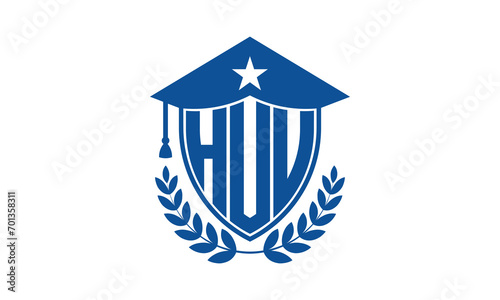 HUU three letter iconic academic logo design vector template. monogram, abstract, school, college, university, graduation cap symbol logo, shield, model, institute, educational, coaching canter, tech