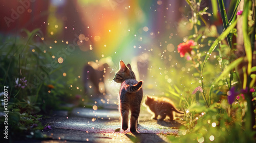Cats walking away to the rainbow