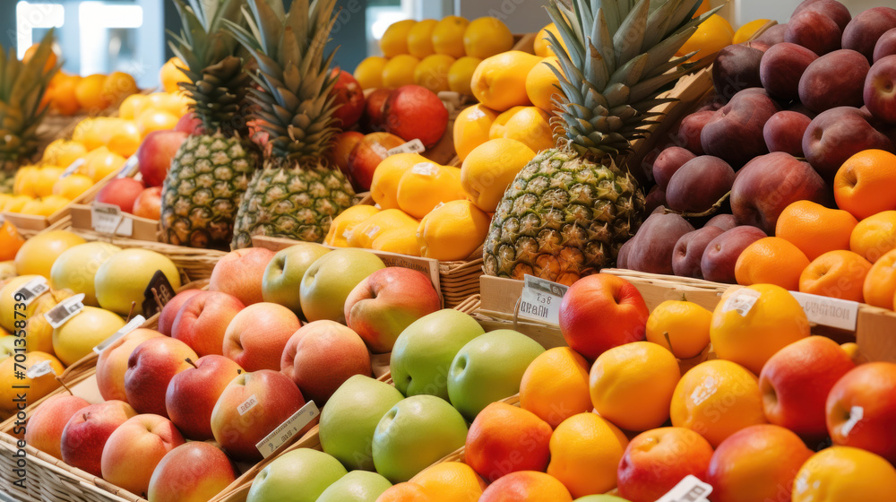 Shelf with fruits on food market display Shelf with fruits on food market display